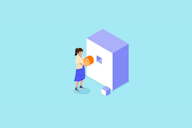 Illustration of a woman trying to fit a round object into a square hole.